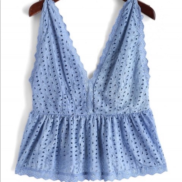 Tops - Eyelet Plunging Scalloped Tank Top
